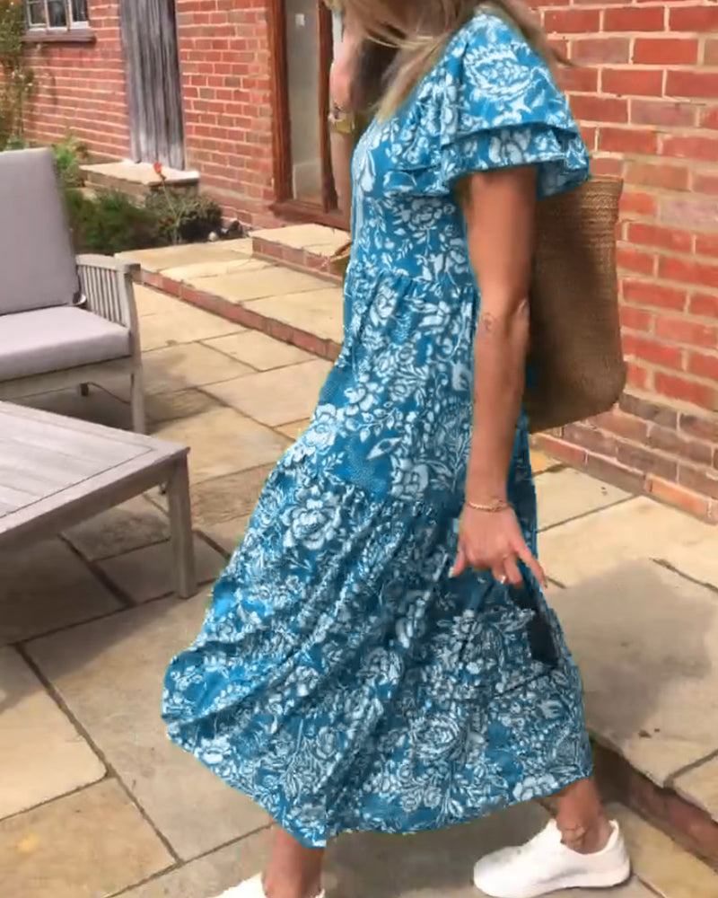 Laluna® | Lange jurk met korte mouwen en bloemenprint