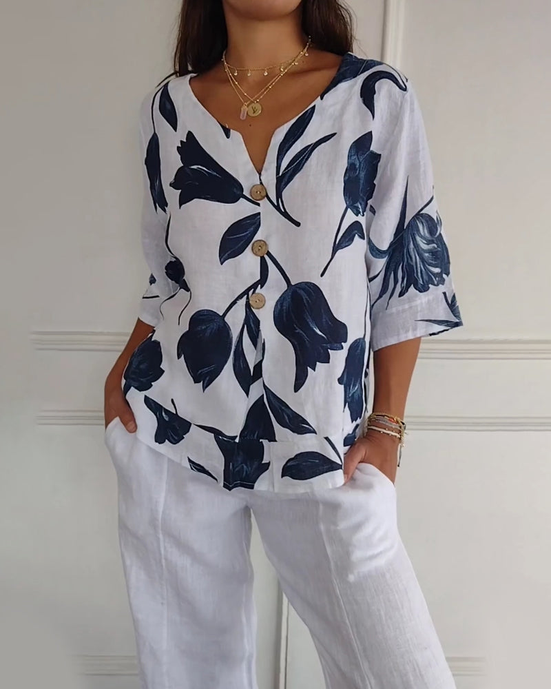 Top van katoen en linnen met bloemenprint