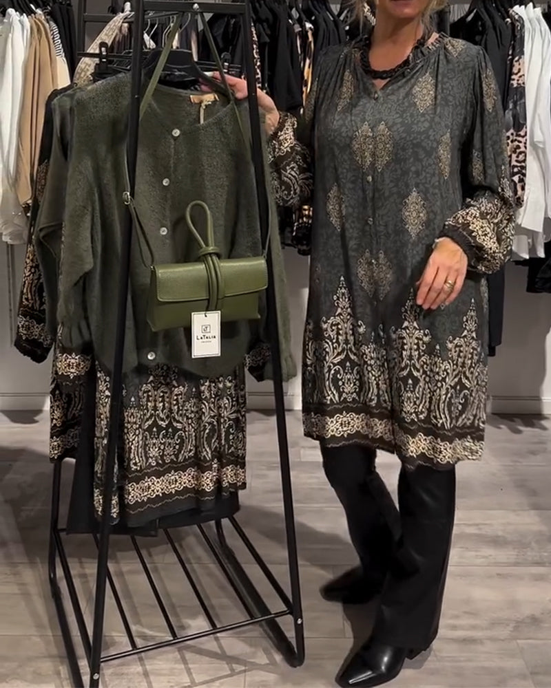 VINTAGE REVERSJURK MET PRINT EN KNOPEN
