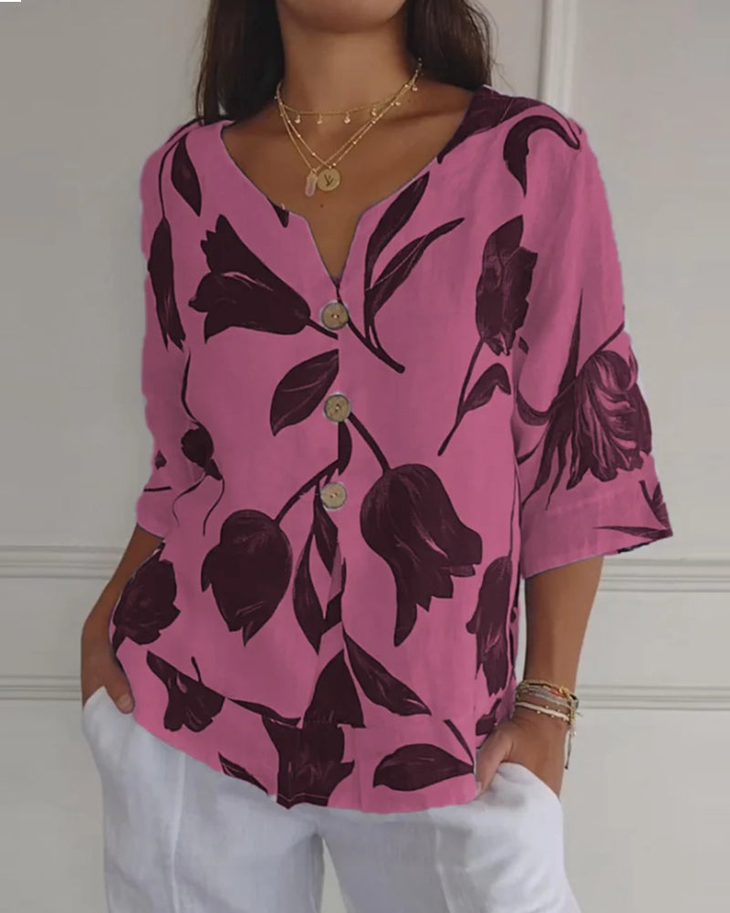 Top van katoen en linnen met bloemenprint