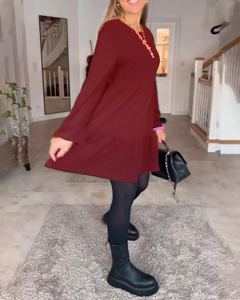 Laluna® | Eenvoudige effen jurk met lange mouwen