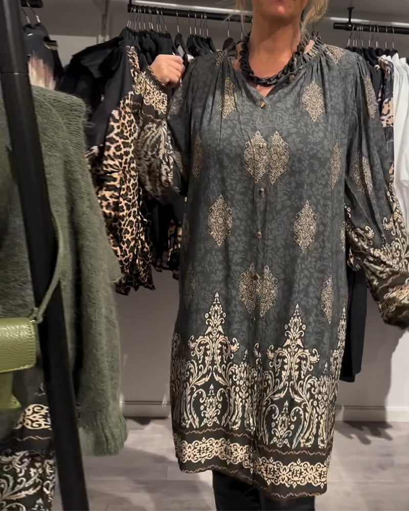 VINTAGE REVERSJURK MET PRINT EN KNOPEN