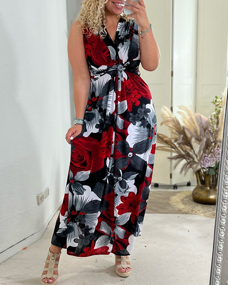 Mouwloze Geplooide Jurk met Bloemen