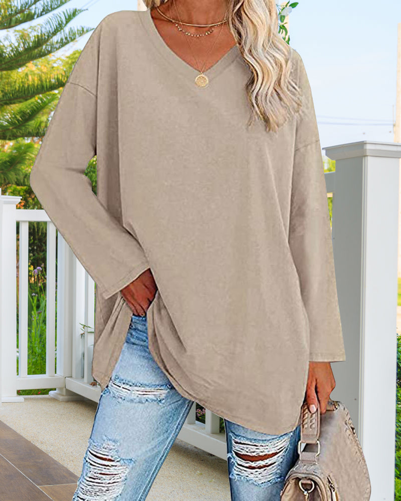 Eenkleurig V-hals T-shirt met lange mouwen