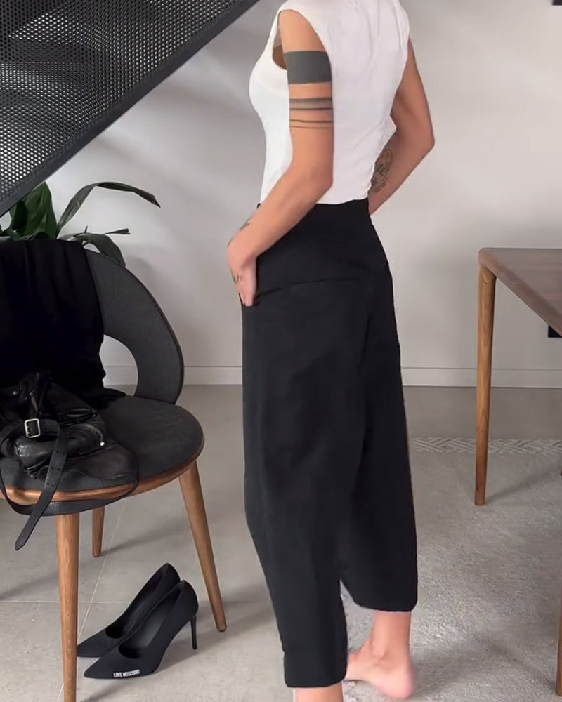 Laluna® | Eénkleurige asymmetrische casual broek