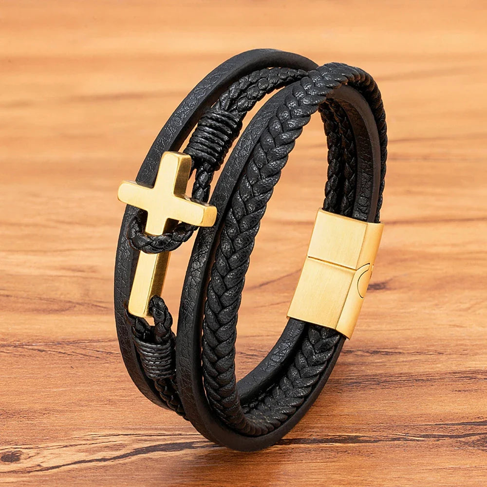 Heren Gevlochten Leren Kruisarmband