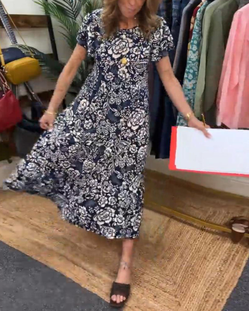 Laluna® | Lange jurk met korte mouwen en bloemenprint