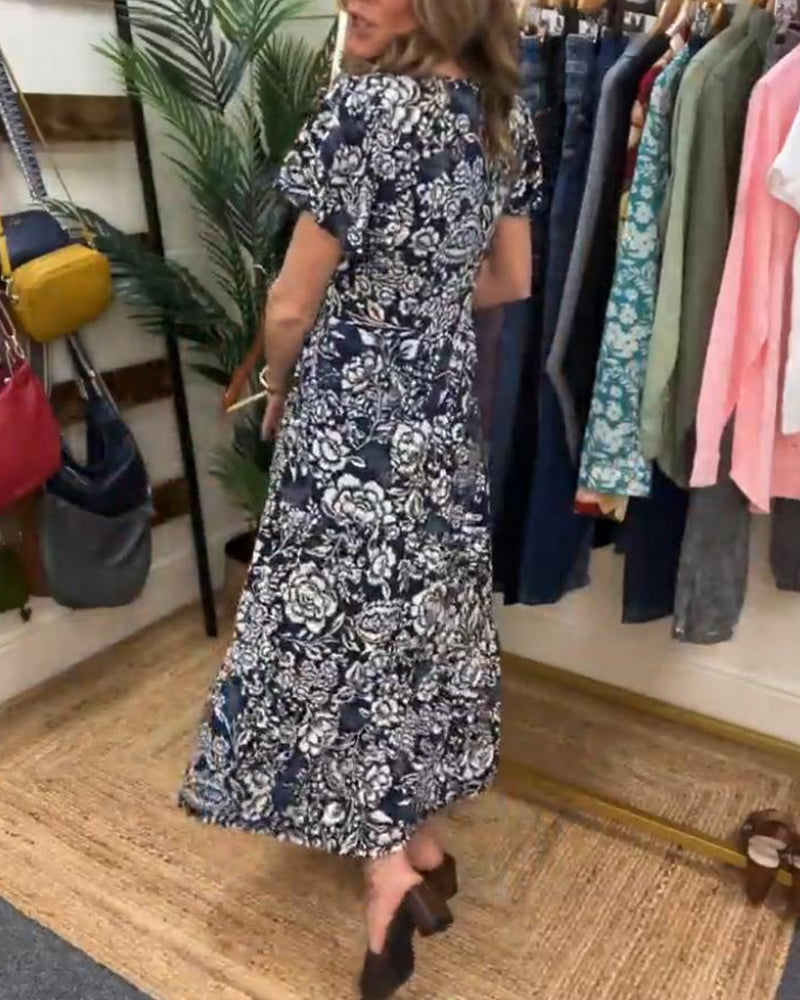 Laluna® | Lange jurk met korte mouwen en bloemenprint