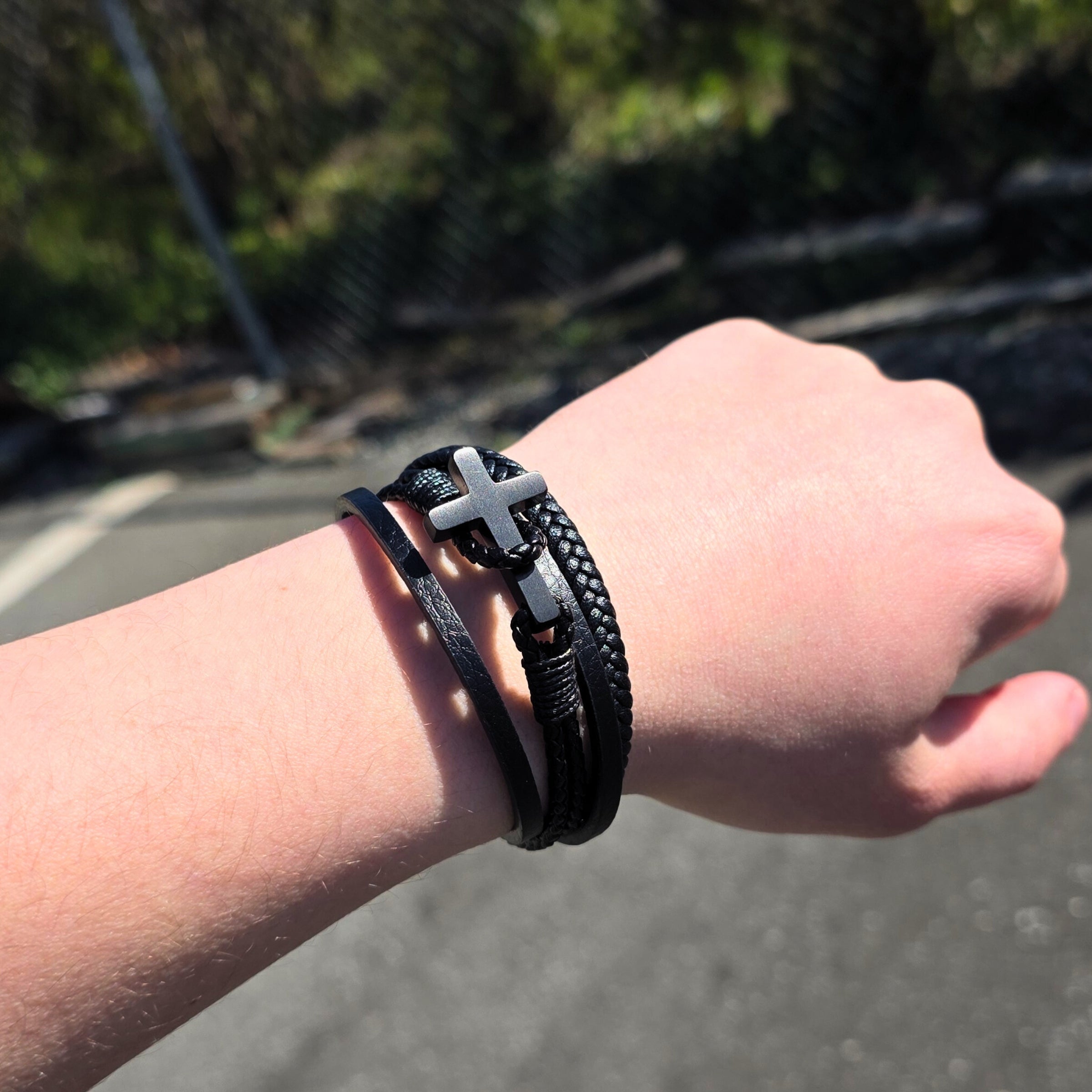 Heren Gevlochten Leren Kruisarmband