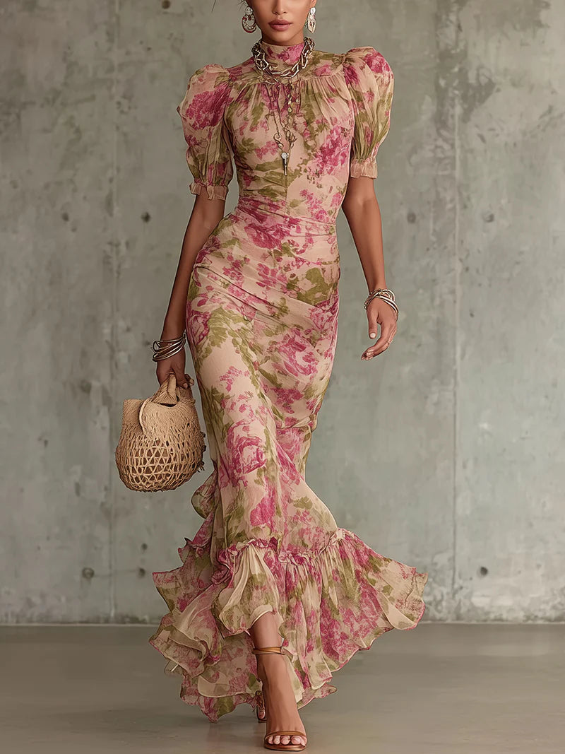 Fiora ∙ Lange jurk met vintage rozenprint en pofmouwen