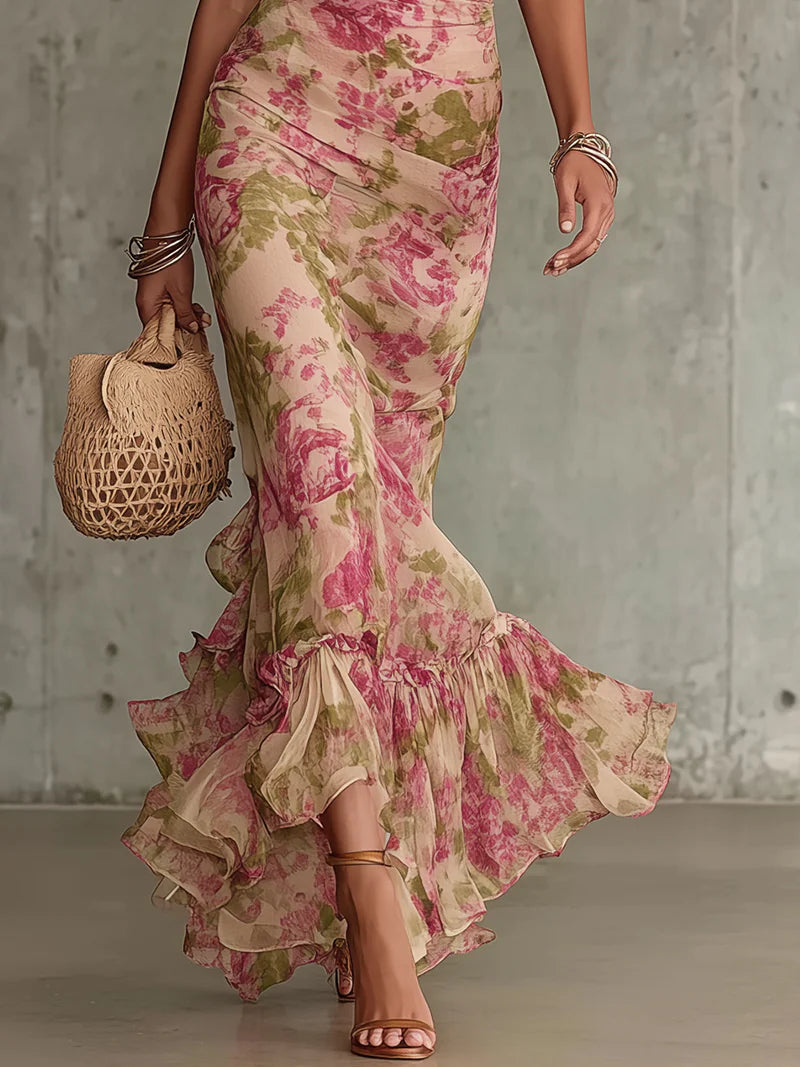 Fiora ∙ Lange jurk met vintage rozenprint en pofmouwen