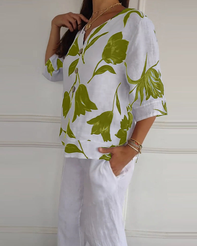 Top van katoen en linnen met bloemenprint