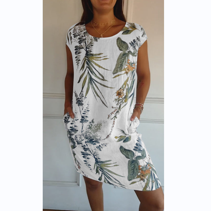 Ronde Hals Jurk met Botanische Print