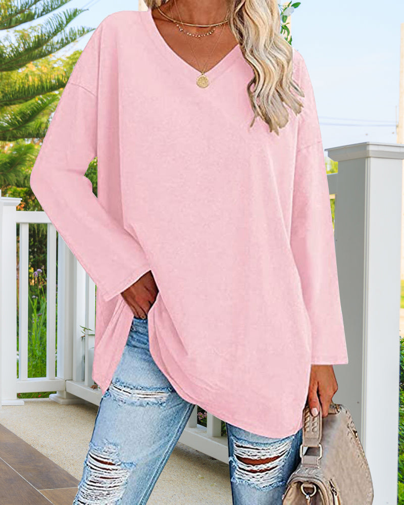 Eenkleurig V-hals T-shirt met lange mouwen