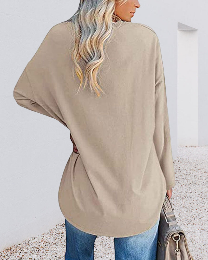 Eenkleurig V-hals T-shirt met lange mouwen