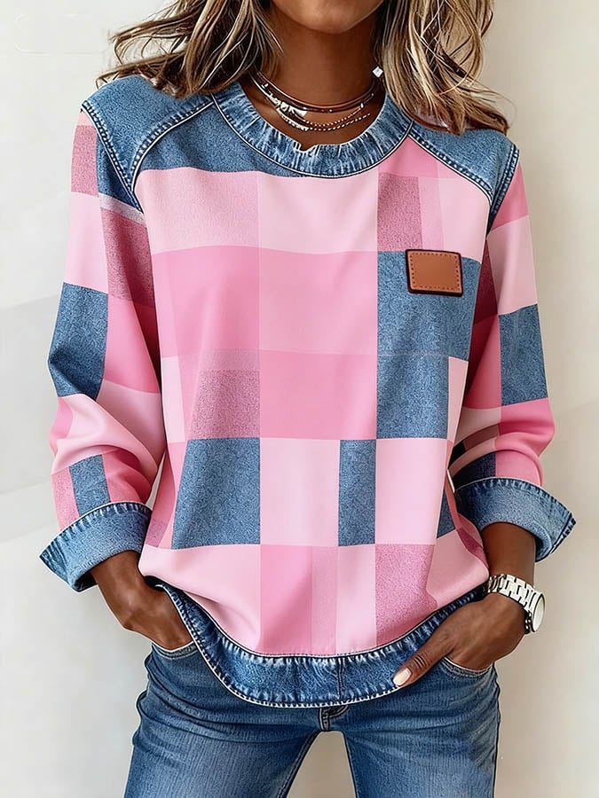 Dames Casual Ronde Hals Denim Patchwork Pullover Sweatshirt