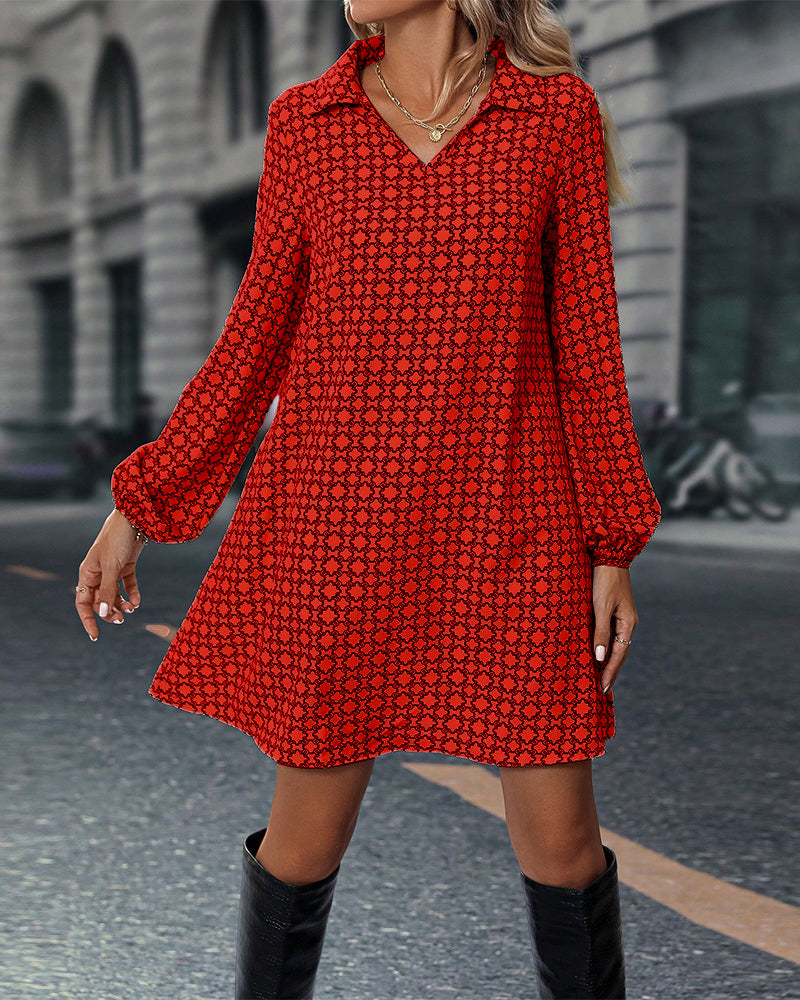 Bedrukte Jurk met Lange Mouwen en Revers