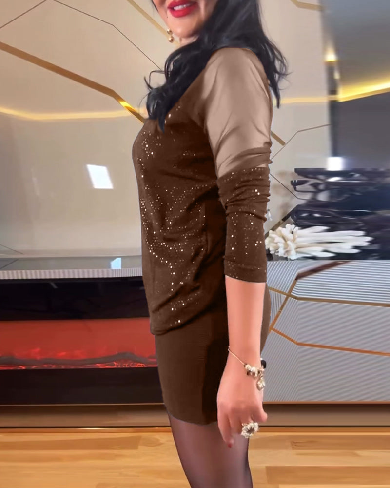 Laluna® | Top sexy V-hals mesh en effen pailletten jurk