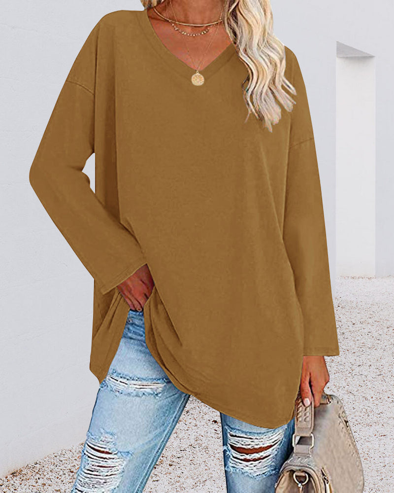 Eenkleurig V-hals T-shirt met lange mouwen