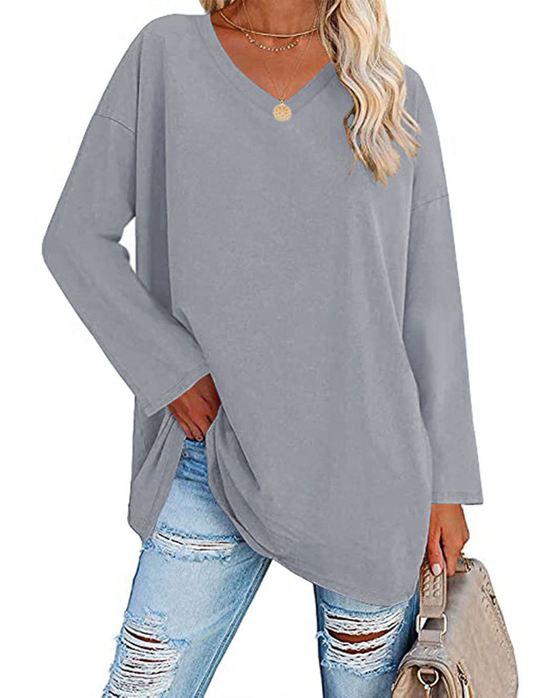 Eenkleurig V-hals T-shirt met lange mouwen