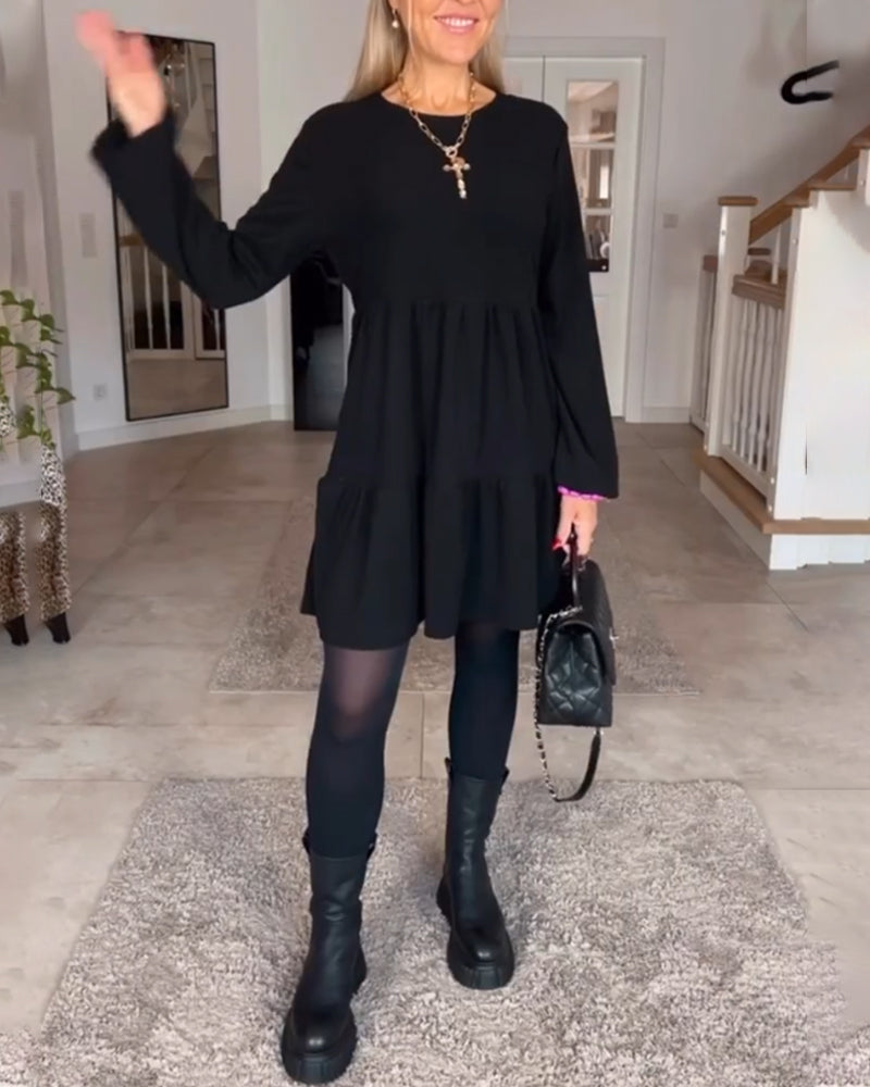 Laluna® | Eenvoudige effen jurk met lange mouwen