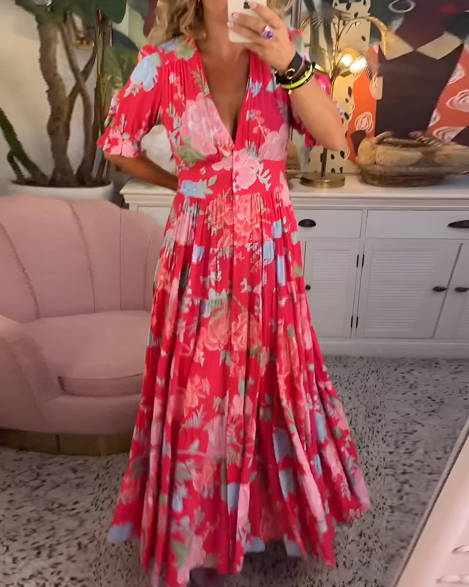 Laluna® | V-hals zakjurk met bloemenprint