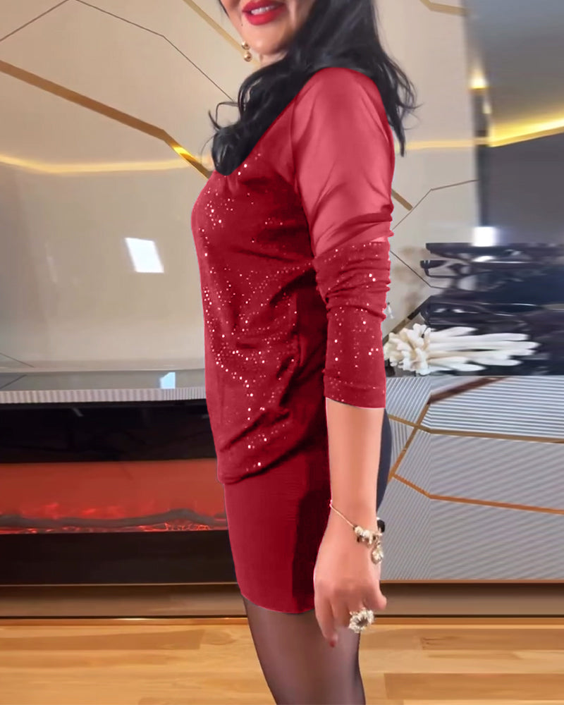 Laluna® | Top sexy V-hals mesh en effen pailletten jurk