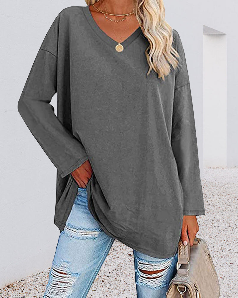 Eenkleurig V-hals T-shirt met lange mouwen