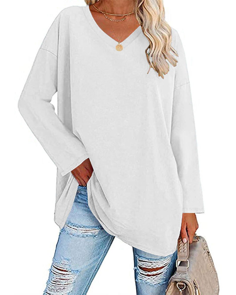Eenkleurig V-hals T-shirt met lange mouwen