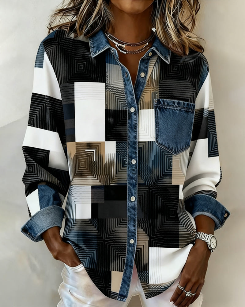 Laluna® | Kleurblok Shirt met Modieuze Kraag