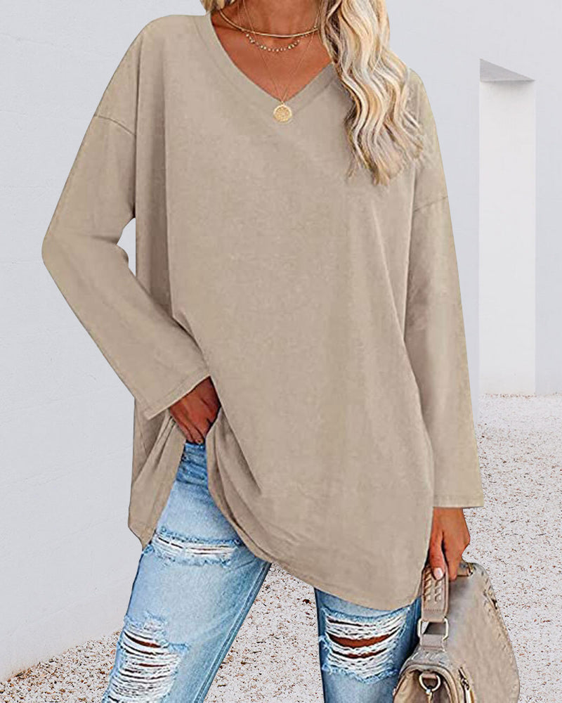 Eenkleurig V-hals T-shirt met lange mouwen