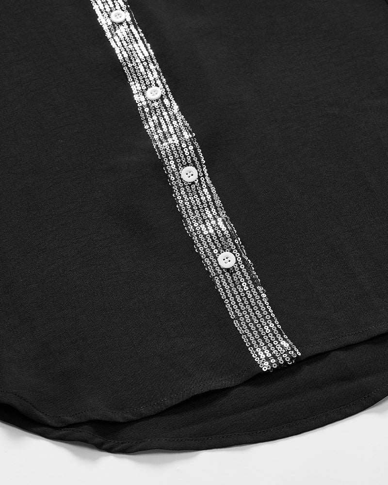 Laluna® | Casual top met pailletteninzet en knopen