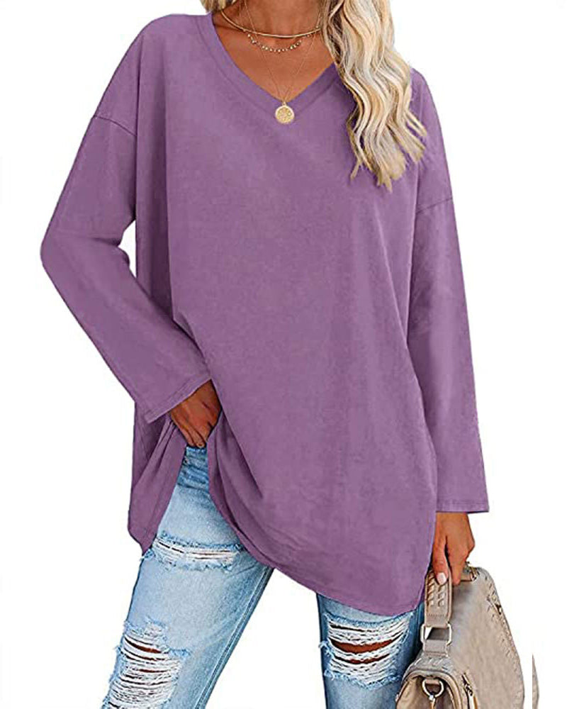 Eenkleurig V-hals T-shirt met lange mouwen