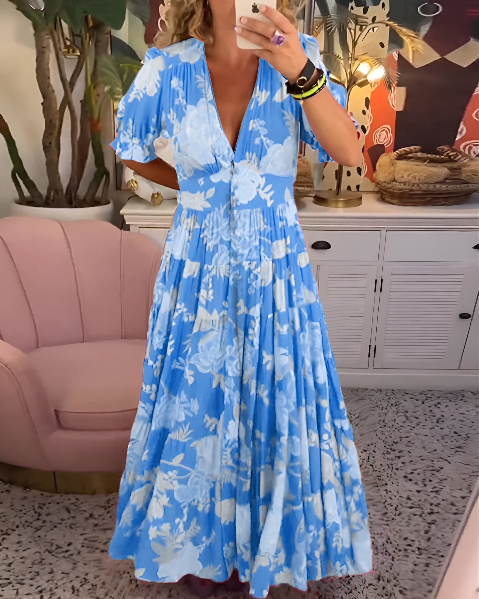 Laluna® | V-hals zakjurk met bloemenprint