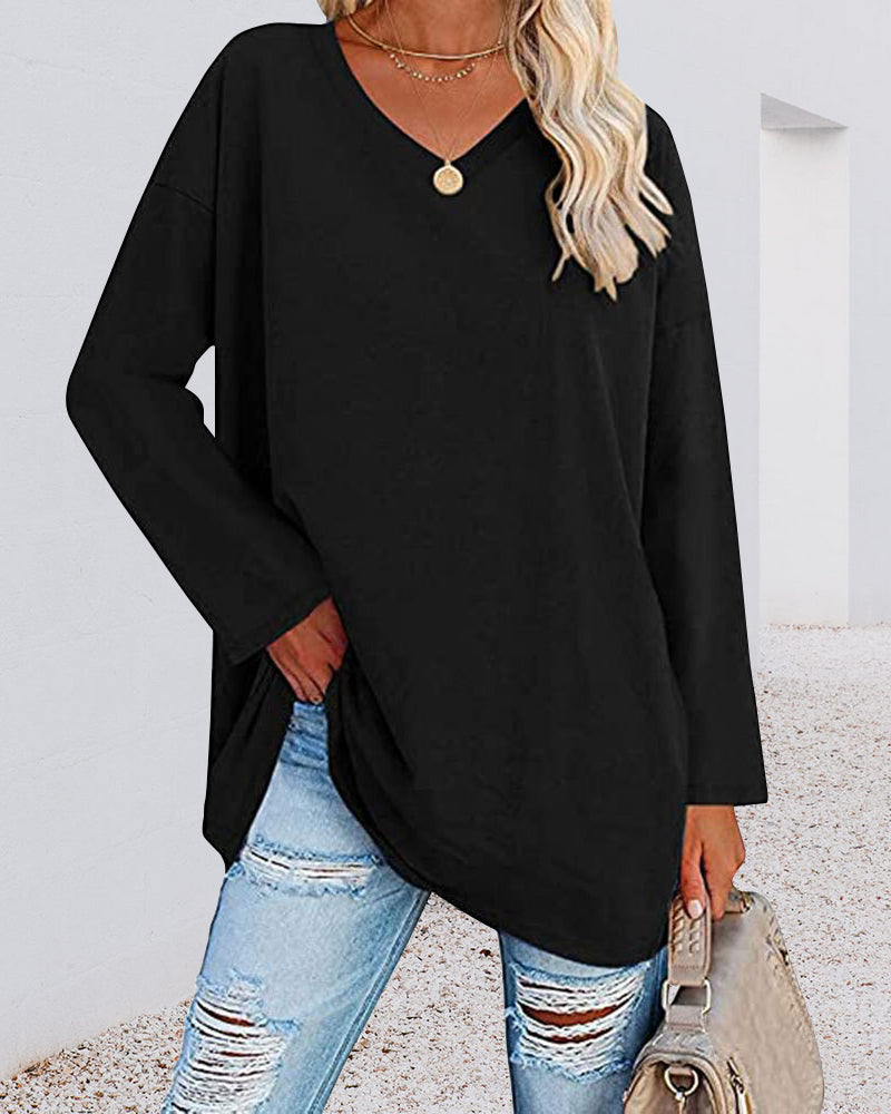 Eenkleurig V-hals T-shirt met lange mouwen