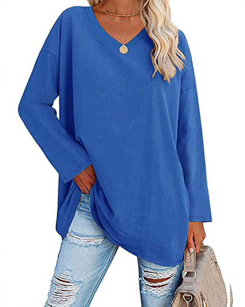Eenkleurig V-hals T-shirt met lange mouwen