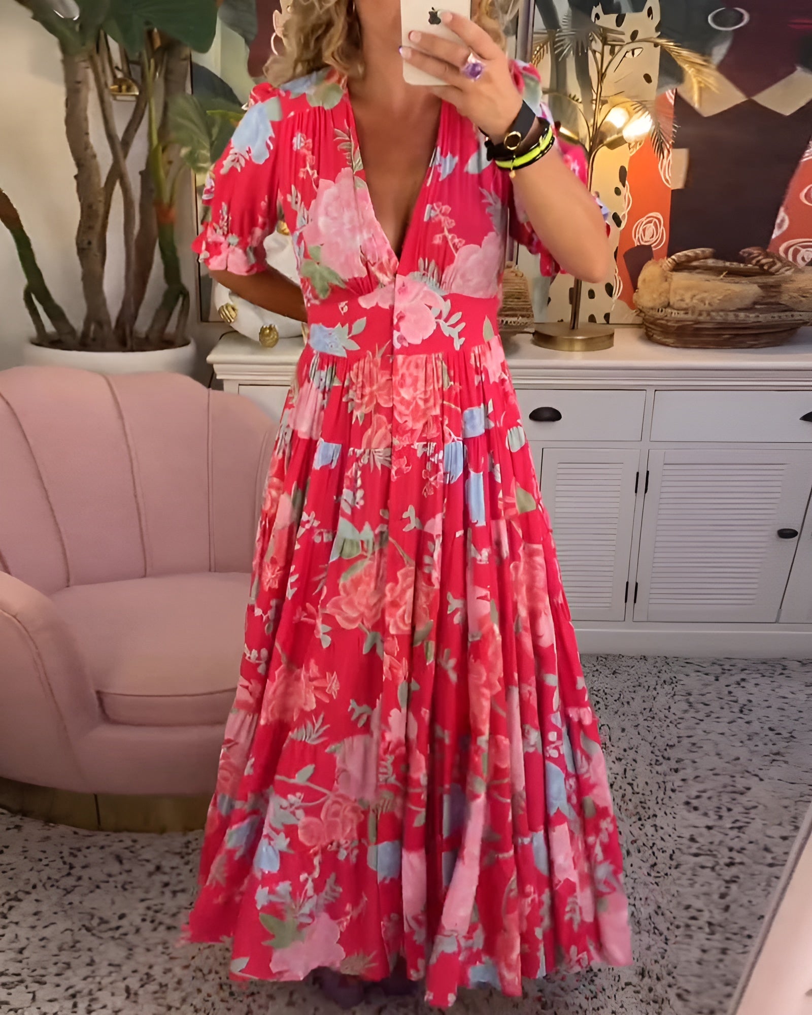 Laluna® | V-hals zakjurk met bloemenprint