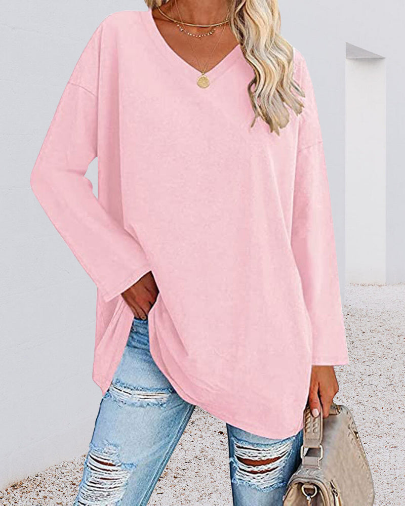 Eenkleurig V-hals T-shirt met lange mouwen