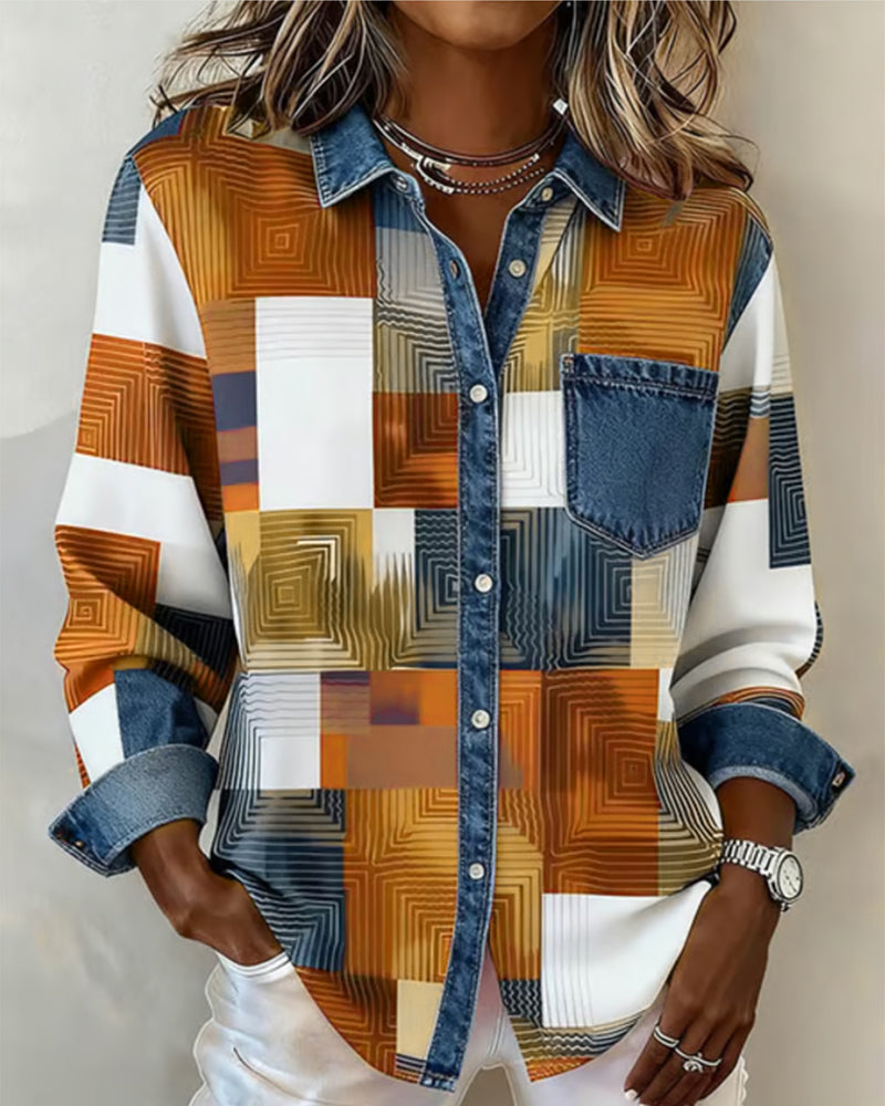 Laluna® | Kleurblok Shirt met Modieuze Kraag