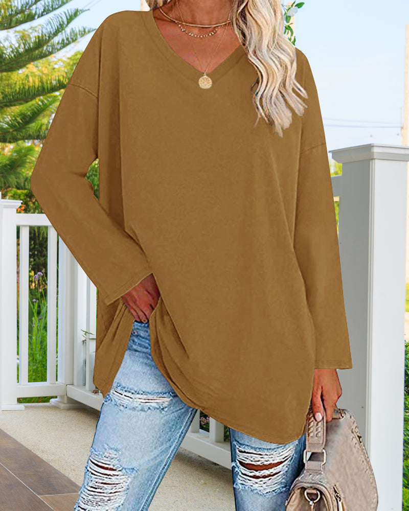 Eenkleurig V-hals T-shirt met lange mouwen