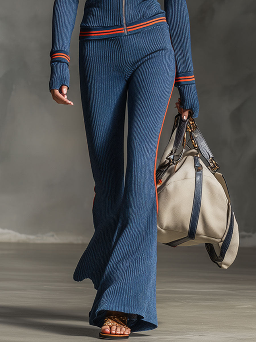 Casual retro gestreepte set met wijde broek