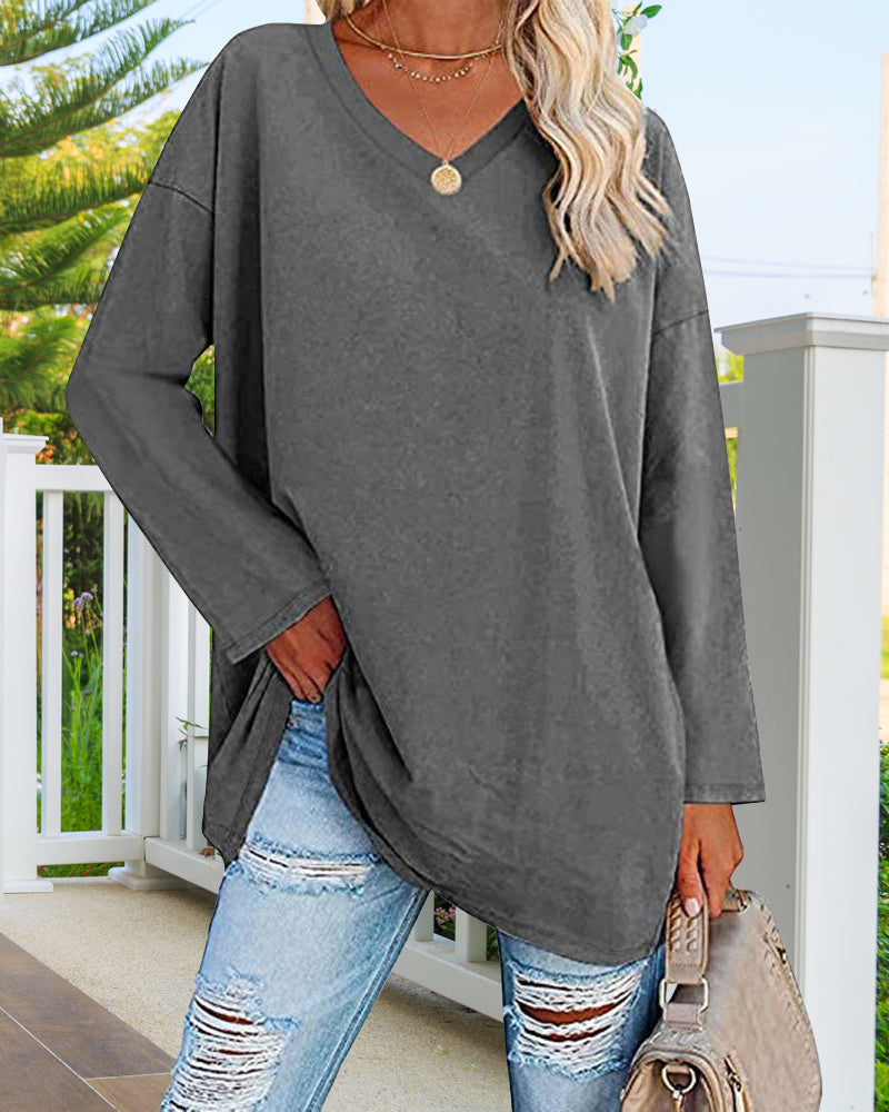Eenkleurig V-hals T-shirt met lange mouwen