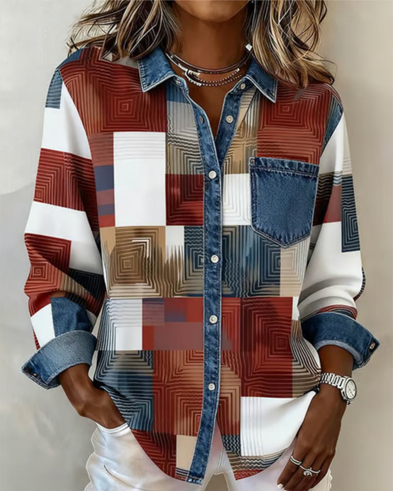 Laluna® | Kleurblok Shirt met Modieuze Kraag