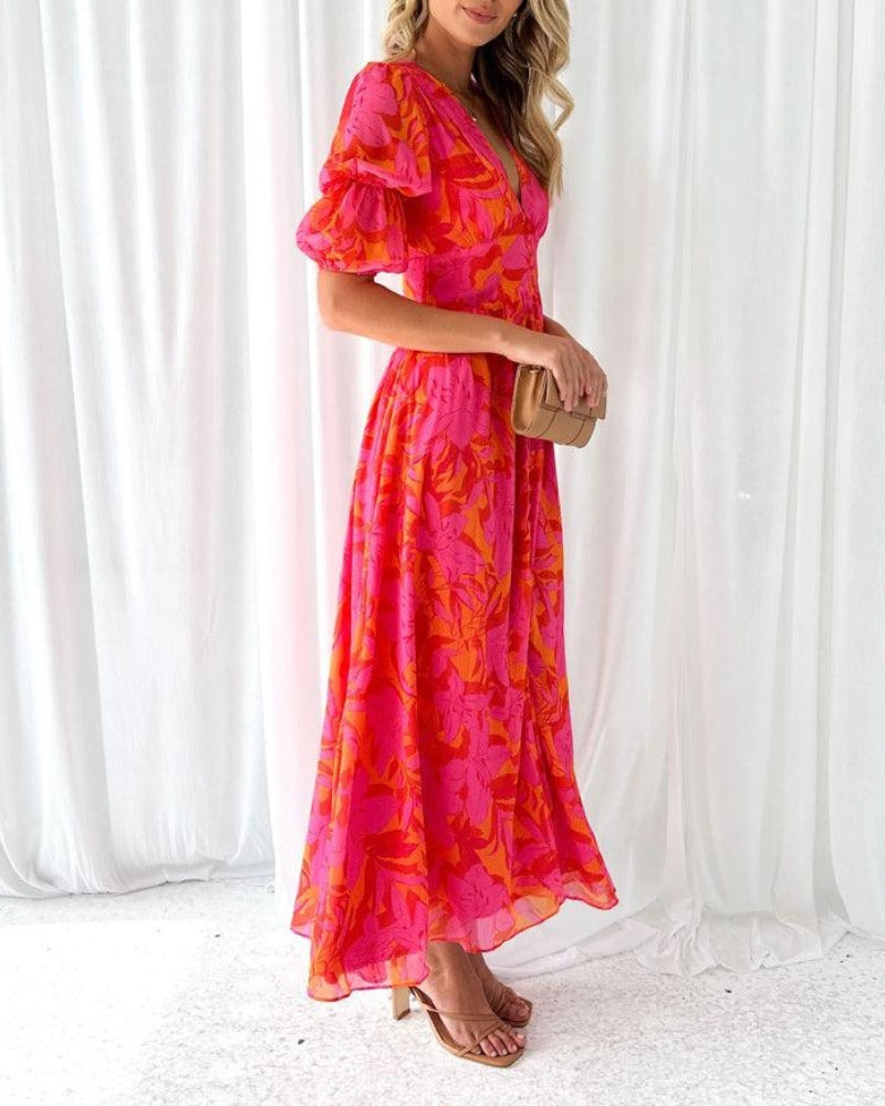 Laluna® | Elegante V-hals Maxi jurk met pofmouwen