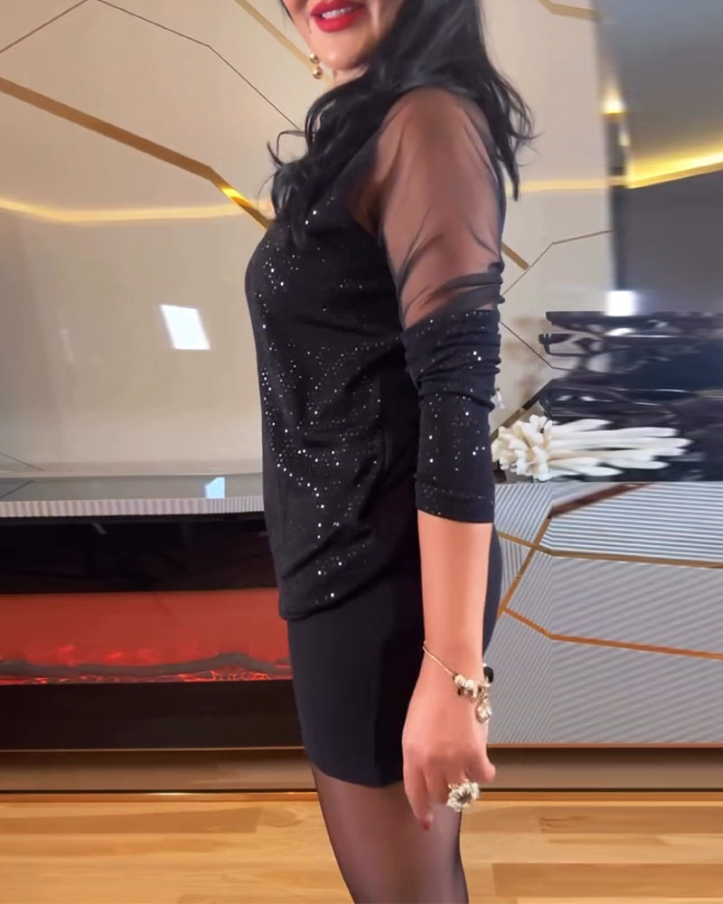 Laluna® | Top sexy V-hals mesh en effen pailletten jurk