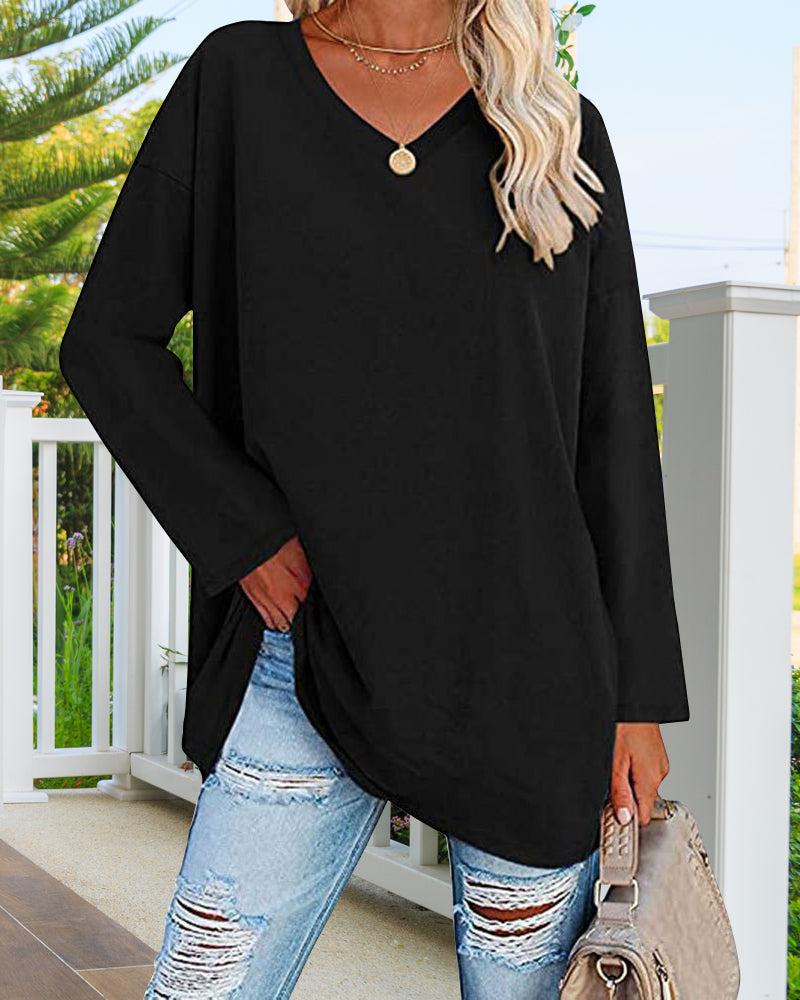 Eenkleurig V-hals T-shirt met lange mouwen