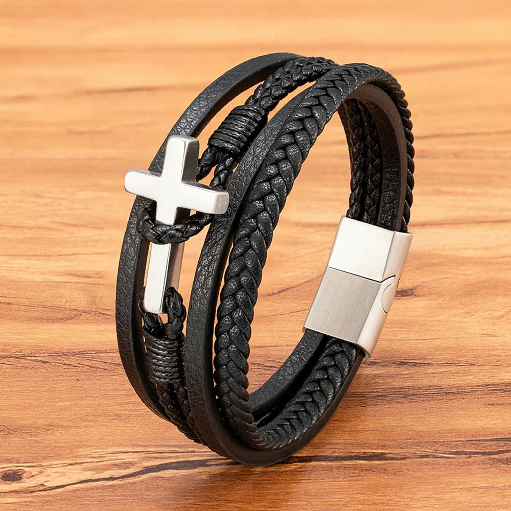 Heren Gevlochten Leren Kruisarmband