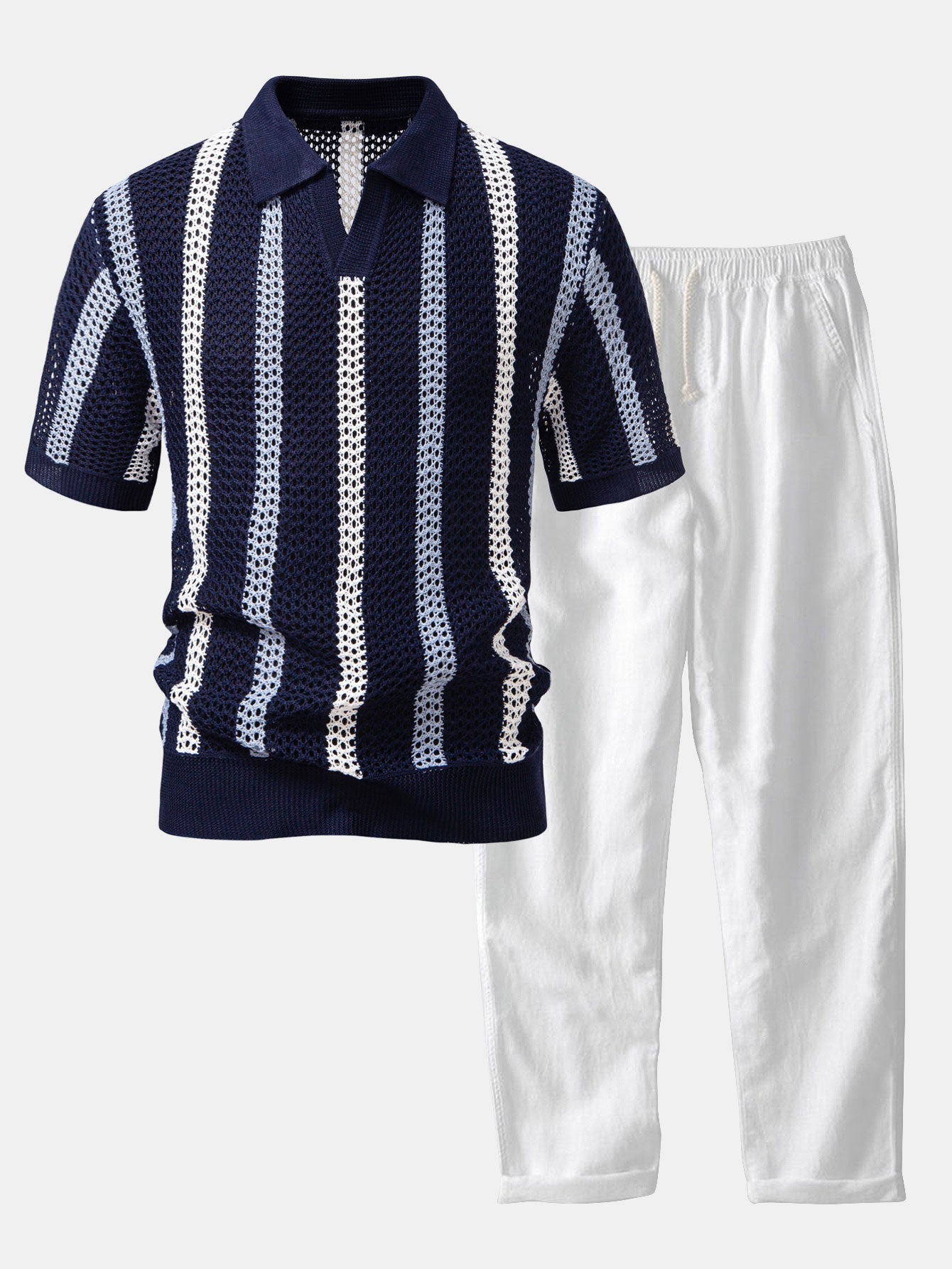 Gestreepte gehaakte V-hals Polo & linnen broek met rechte pijpen