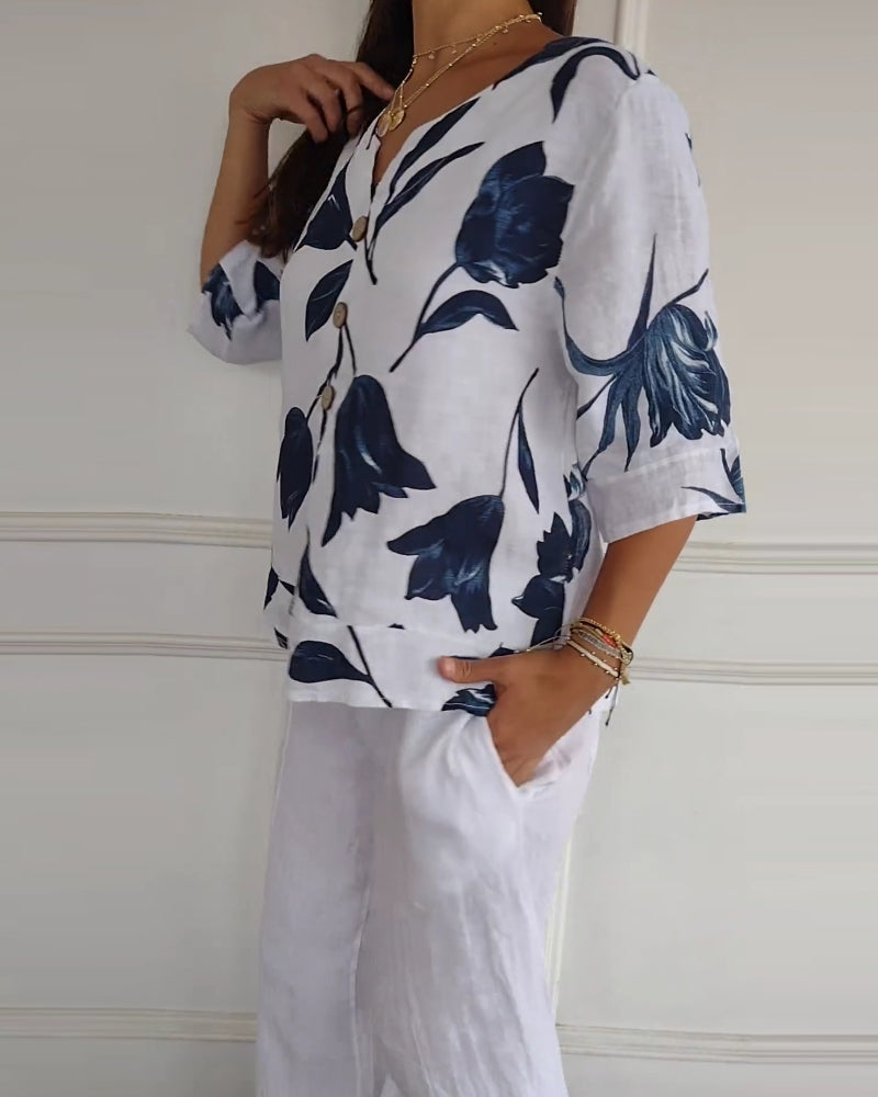 Top van katoen en linnen met bloemenprint