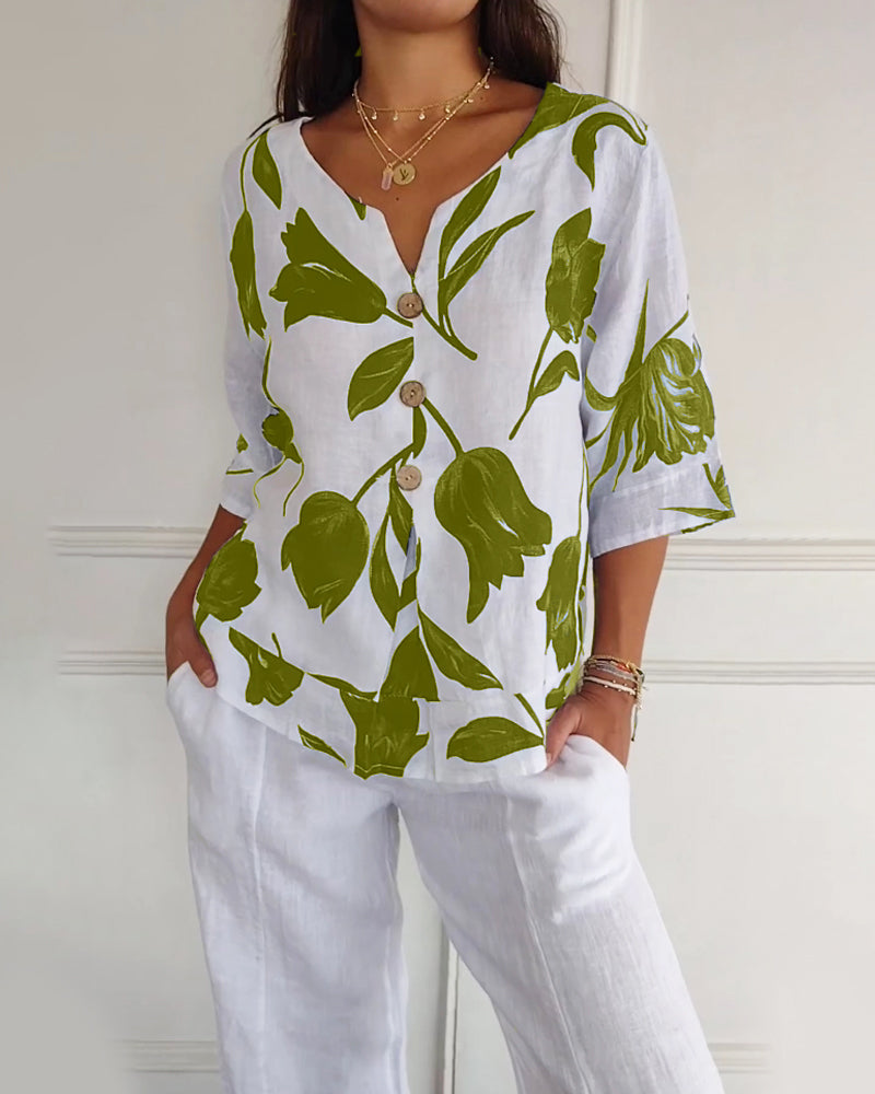 Top van katoen en linnen met bloemenprint